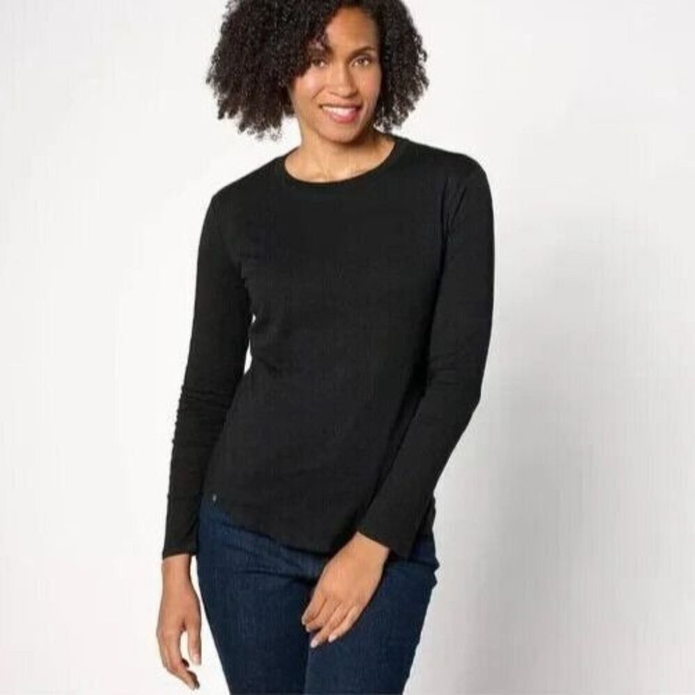 Barefoot Dreams Malibu Cotton Linen Black Long Sleeve Base Tee Top XS NEW